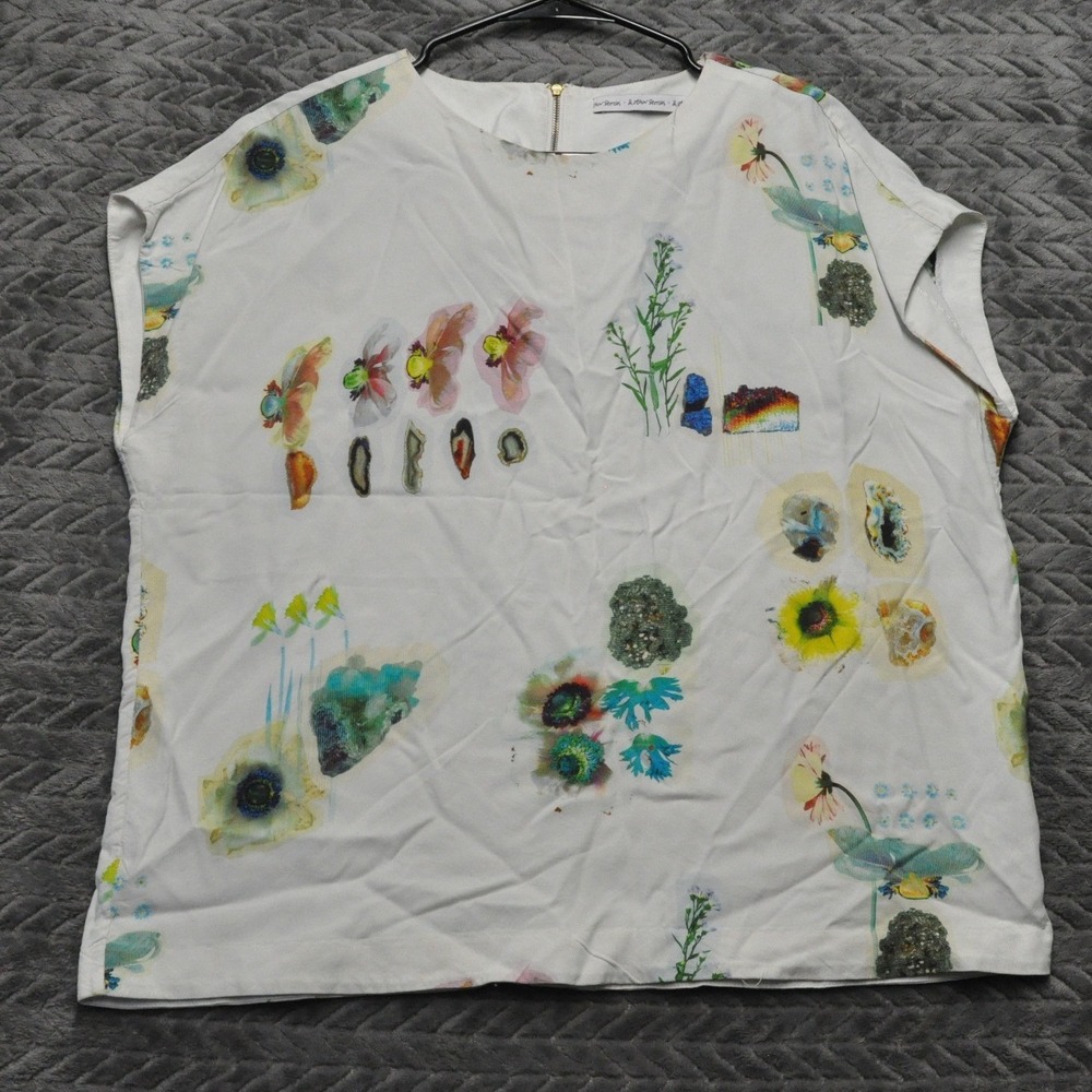 & Other Stories Blouse 12 White Excellent Botanical Mineral Print Rayon (1734)